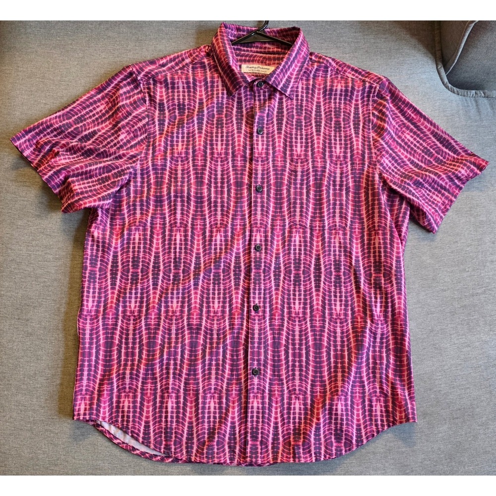 Tommy Bahama Mens IslandZone Button Down Shirt Pink Purple Ikat Print Large